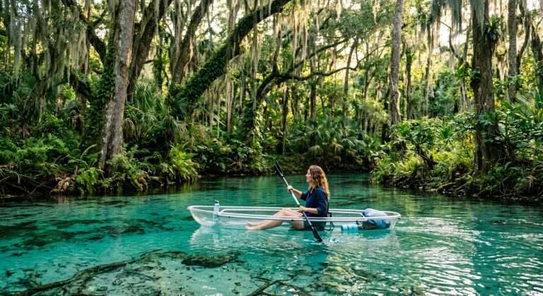 Mulher em caiaque transparente navegando por um rio de águas cristalinas em meio a uma floresta exuberante