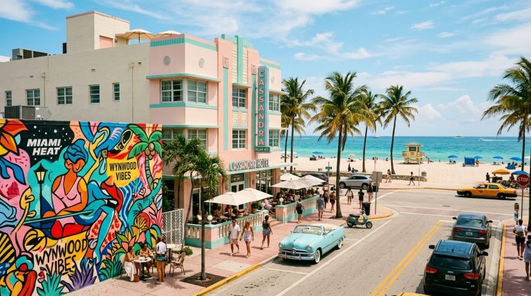 Rua em Miami Beach com o Cassandra Hotel em estilo Art Deco, mural colorido, coqueiros e a praia ao fundo